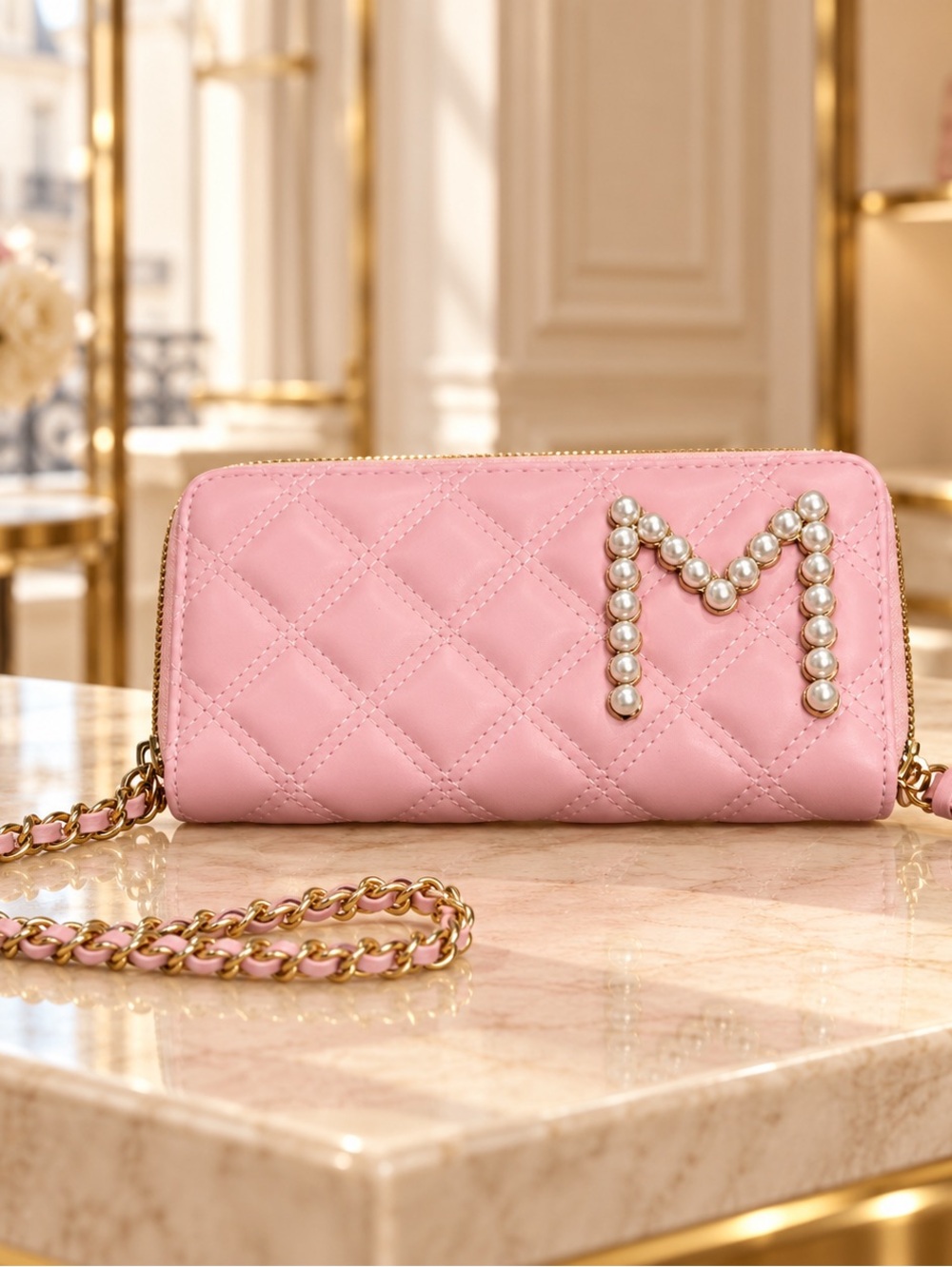 M Initial Pearl Pink Quilted Zip Around Wallet Wristlet Gift NEW